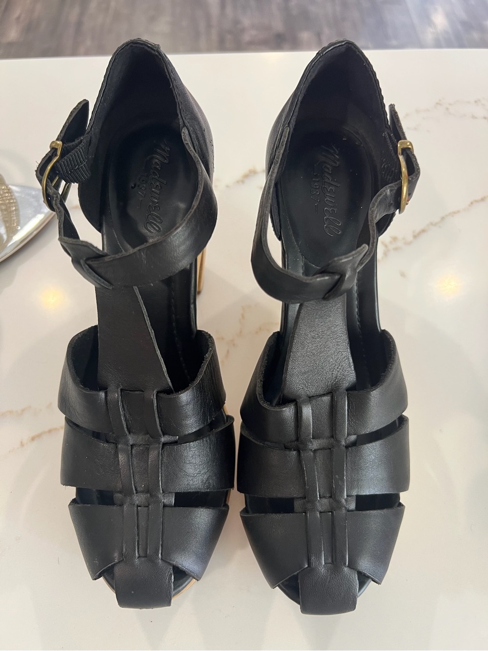 Madewell Black Woven Leather Block-Heel Sandals with Ankle Buckle
